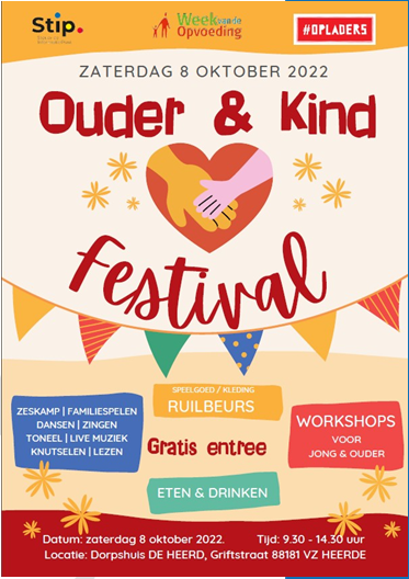 Flyer Ouder en Kind Festival: workshops voor jong en ouder, een ruilbeurs voor speelgoed en kleding, diverse activiteiten als familiespelen, toneel, live muziek en knutselen, eten en drinken.